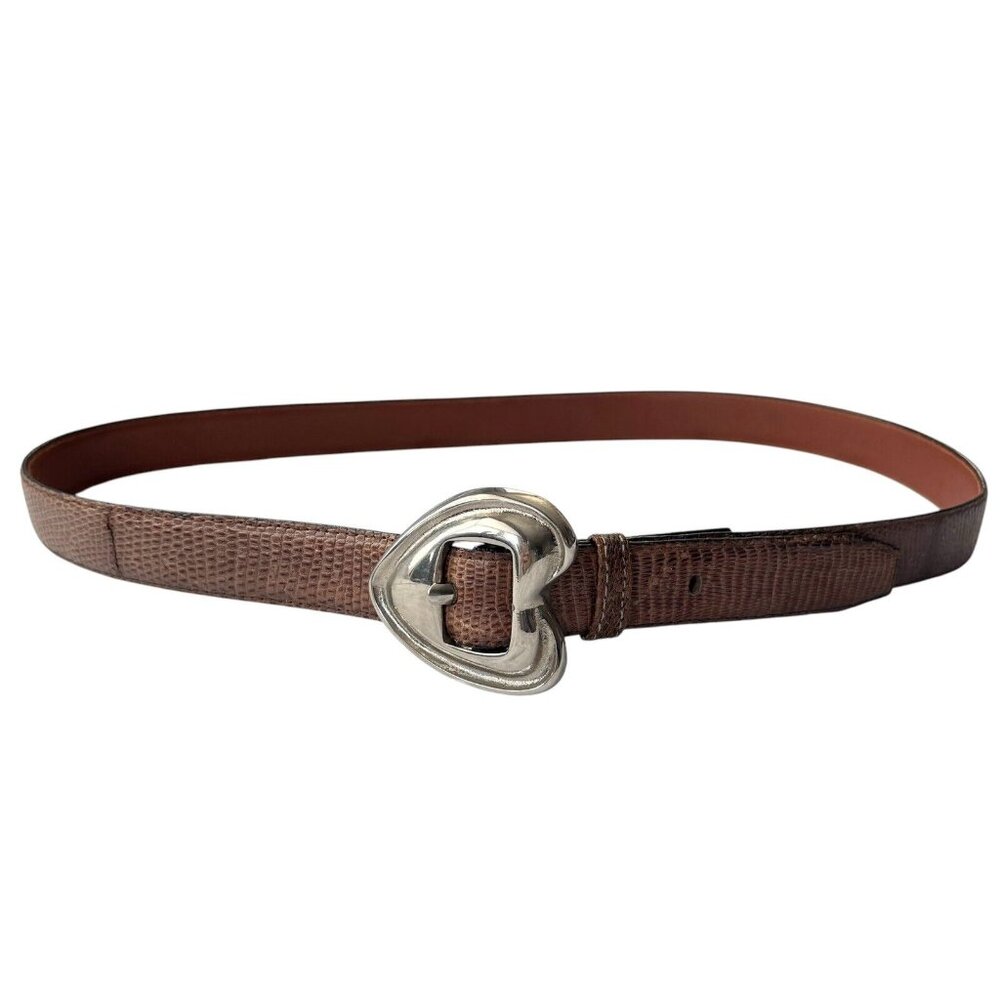 Ilana Goor Heart Buckle Belt (Size L) 1” Brown Lizard & Cowhide w/ Silver Tone